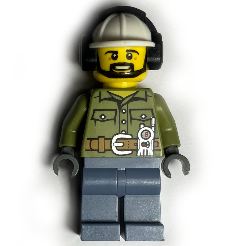 Lego Volcano Explorer, Man, Olive Green Shirt, White Hard Hat with Ear Defenders, Beard