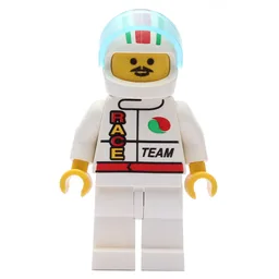 Racer, White Jacket with Octan Logo and 'RACE' and 'TEAM', White Helmet with Stripes and Visor, Moustache