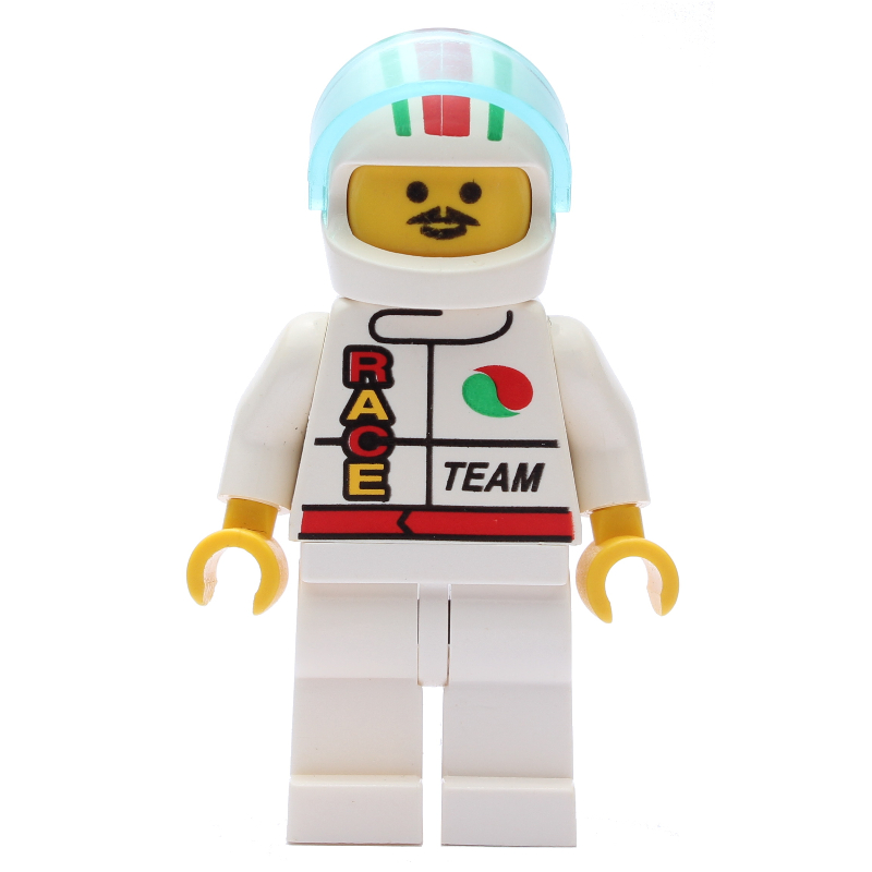 Lego Racer, White Jacket with Octan Logo and 'RACE' and 'TEAM', White Helmet with Stripes and Visor, Moustache