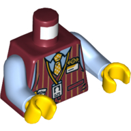Lego Torso Vest with Orange Stripes, Blue Shirt, Yellow Dotted Tie, ID Badge, Rail Road Logo Print, Bright Light Blue Arms, Yellow Hands / Dark Red