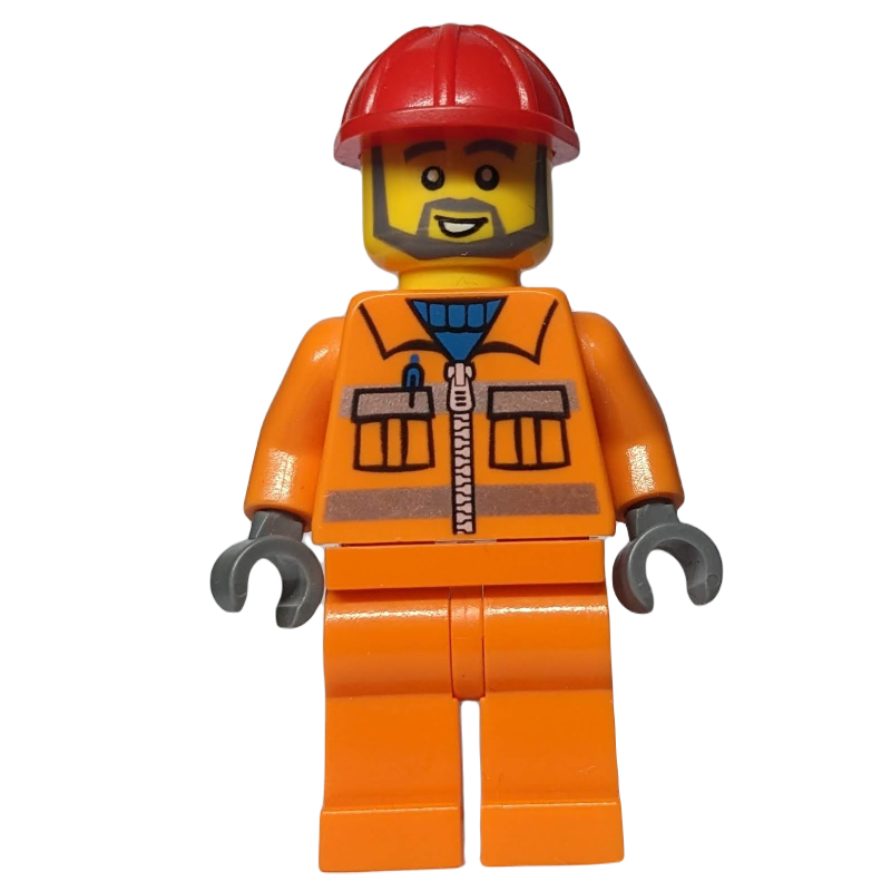 Lego Construction Worker in Orange Jacket with Zipper and Reflective Stripes, Red Helmet, Gray Beard