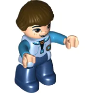 Duplo Figure with 'Bowl Cut' Brown Hair, Light Bluish Gray Spacesuit with Badge and Medium Azure Sleeves, Light Nougat Hands and Face with Freckles, Dark Blue Legs (Miles) / Bright Light Blue