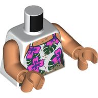 Lego Torso, White Dress, Dark Pink/Dark Purple Flowers, Dark Green Leaves, Dark Tan Mud Stains print, Nougat Arms and Hands / White