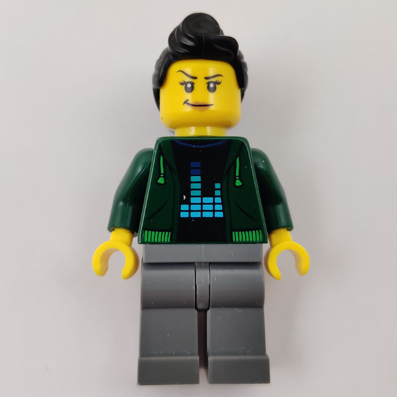 Lego Woman, Open Dark Green Hoodie, Black Hair