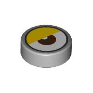 Lego Tile Round 1 x 1 with Reddish Brown Eye Center, Yellow Eyelid (White Dot Close to Eyelid) print / Light Bluish Gray