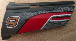Technic, Panel Fairing #20 Large Long, Small Hole, Side A with Number 9, Curved Red Stripe, Black and White Lines Pattern (Sticker) - Set 8366