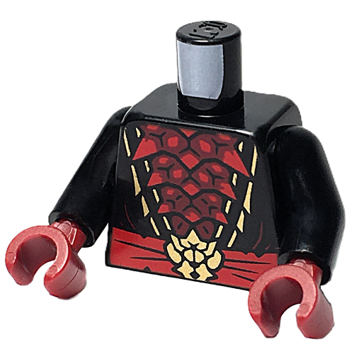Lego Torso, Ninja Robes, Dark Red Spikes Chest, Red Sash, Gold Buckle, Trim print, Black Arms, Dark Red Hands / Black