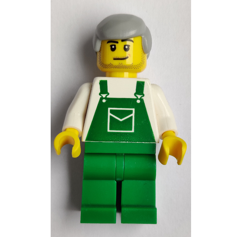Lego White Torso, Green Overall, Light BLuish Grey Hair