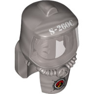 Lego Mask, Hazard Suit with Trans-Brown Face Shield, Volcano on Dark Red Background Logo on Chest Print