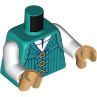 Lego Torso Vest, Dark Blue Trim, Gold Dots, White Shirt print, White Arms, Warm Tan Hands / Dark Turquoise
