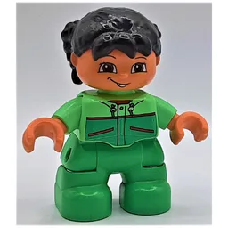 Duplo Figure Child with Pigtails Black, with Bright Green Legs, Jacket with Pockets Print / Medium Green