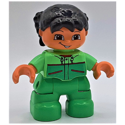 Lego Duplo Figure Child with Pigtails Black, with Bright Green Legs, Jacket with Pockets Print / Medium Green