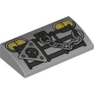 Lego Brick Curved 2 x 4 x 2/3 No Studs, with Bottom Tubes and Grill, Chain, Headlights, Skull in Triangle print / Light Bluish Gray