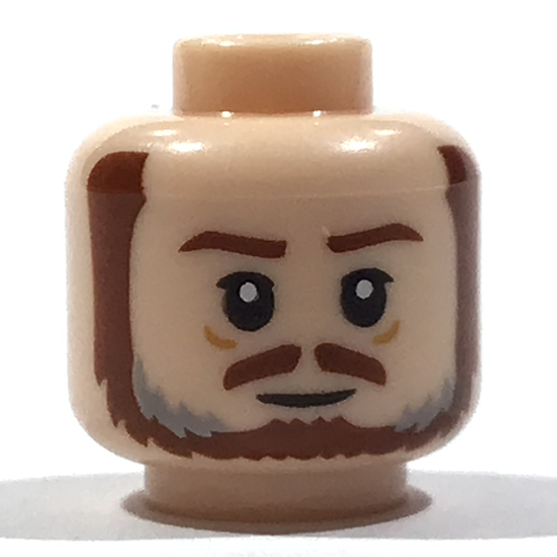Lego Minifig Head Qui-Gon Jinn, Reddish Brown Eyebrows, Moustache, Beard, Dark Bluish Grey Streaks, Wrinkles, Closed Mouth / Angry Open Mouth Print / Light Nougat