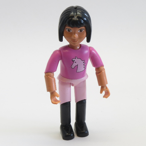 Lego Belville Figure Articulated Elbows, Child, Female, Black Hair, Dark Pink Top with Horse Head Print / [No Color/Any Color]