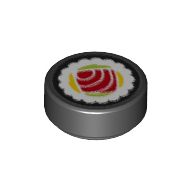 Lego Tile Round 1 x 1 with Striped Pink Tuna Rectangle Sushi Print / Black