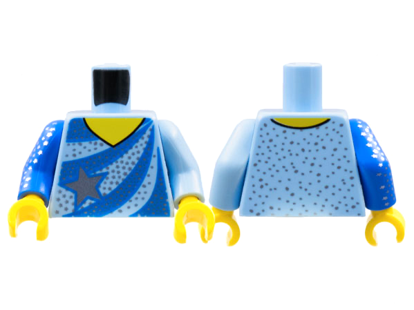 Lego Torso Ice Skating Leotard, Blue Stripes, Silver Star and Speckles Pattern / Bright Light Blue Arm Left / Blue Arm with Silver Star Speckles Right / Yellow Hands