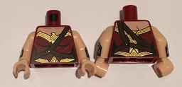 Torso Female Outline and Gold Trim and Crossbelt Pattern (Wonder Woman) / Light Nougat Arms with Silver Gauntlet Pattern / Light Nougat Hands