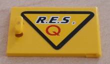 Lego Container, Cupboard 2 x 3 x 2 Door with Black 'R.E.S.' and Red 'Q' on Yellow Triangle with Black Border Pattern Model Right Side (Sticker) - Set 6462
