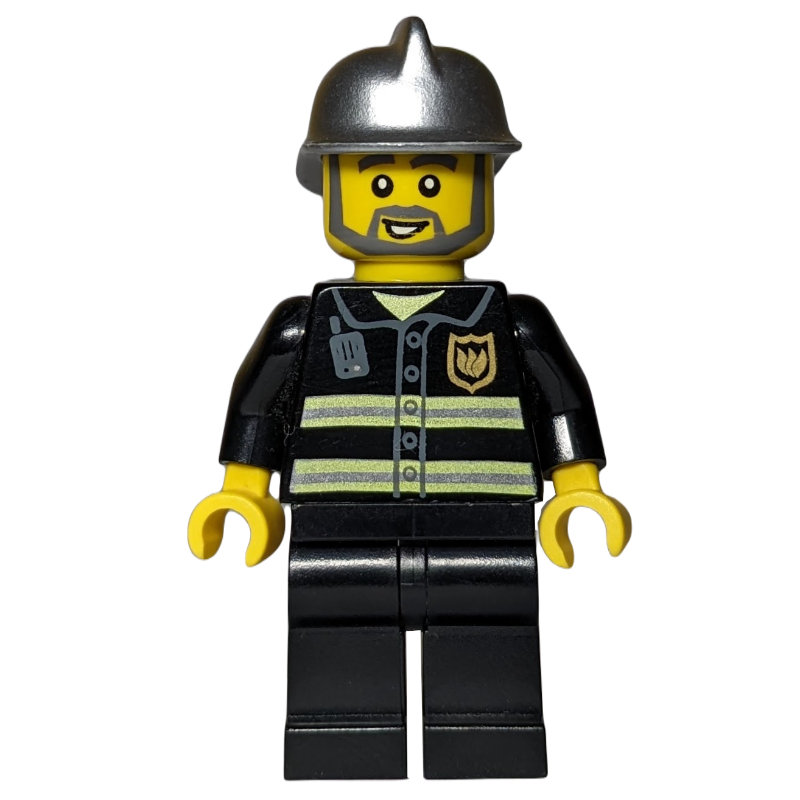 Lego Fireman, Black Fire Jacket with Radio and Badge, Silver Helmet, Beard
