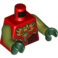 Torso Vest with Dark Red and Gold Armor with Scales and Fire Chi Emblem Print, Olive Green Arms, Dark Green Hands / Red