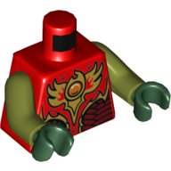 Lego Torso Vest with Dark Red and Gold Armor with Scales and Fire Chi Emblem Print, Olive Green Arms, Dark Green Hands / Red