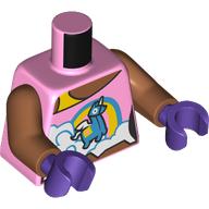 Lego Torso, Bright Pink Top, Yellow Strap, Dark Azure Unicorn on Clouds print, Sienna Brown Arms, Dark Purple Hands / Bright Pink