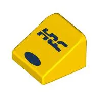 Brick Sloped 30° 1 x 1 x 2/3 with Dark Blue 'HSC', Oval Print / Yellow
