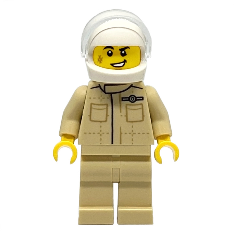 Lego Race Driver, Tan Torso, Tan Legs, White Helmet
