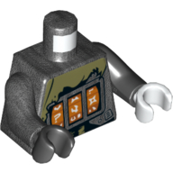 Lego Torso, Odd Arms and Hands, Shirt, Olive Green, Orange Spinners with White Markers Print, Left Black Arm and White Hand, Right Pearl Titanium Arm and Black Hand / Pearl Titanium
