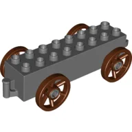 Duplo Wagon Base 2 x 8 x 1 1/2 with Large Reddish Brown Spoked Wheels / Dark Bluish Gray