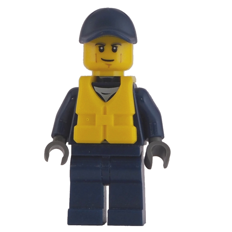 Lego Policeman, Dark Blue Jacket with Zipper, Badge, and 'POLICE' on Back, Dark Blue Cap, Yellow Life Vest