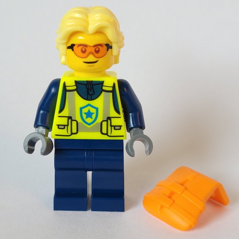 Lego Helicopter Pilot, Neon Yellow Torso, Dark Blue Legs, Bright Light Yellow Hear