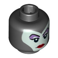 Lego Minifig Head Maleficent, Balaclava, Light Aqua Face, Medium Lavender Eye Shadow, Pointed Eyebrows, Red Lips Print / Black
