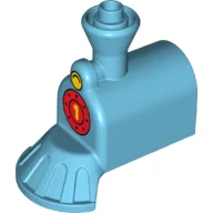 Duplo Train Front, Steam Engine 2 x 4 with Cow Catcher and Yellow Headlight above Red Boiler Circle with Yellow '1' Print / Medium Azure