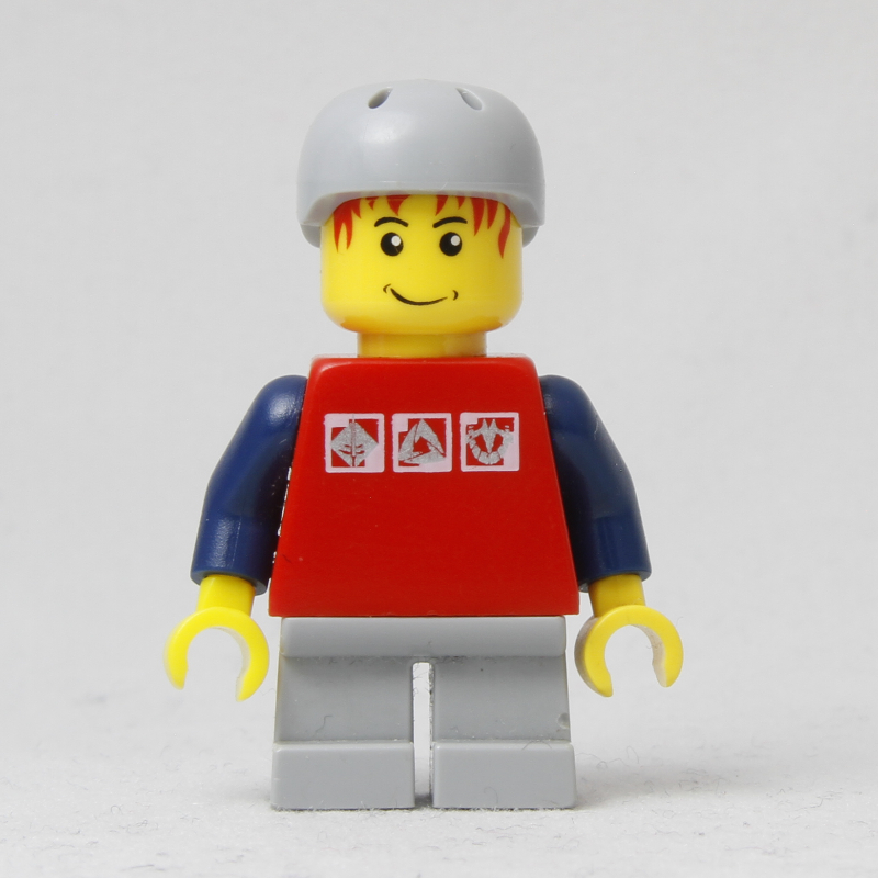Lego Boy, Red Top, Short Light Bluish Gray Legs, Light Bluish Gray Helmet