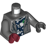 Lego Torso, Odd Hands, Coat, Open over Dark Blue and White Shirt Print, Dark Bluish Gray Arms, Left Black Hand, Right Dark Red Hand / Dark Bluish Gray