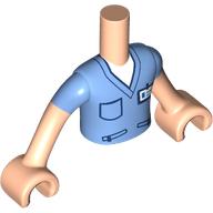 Lego Minidoll Torso Boy with Medium Blue V-Neck Shirt, Dark Blue Trim, Pocket, Zippers, ID Badge print, Light Nougat Arms and Hands / Light Nougat