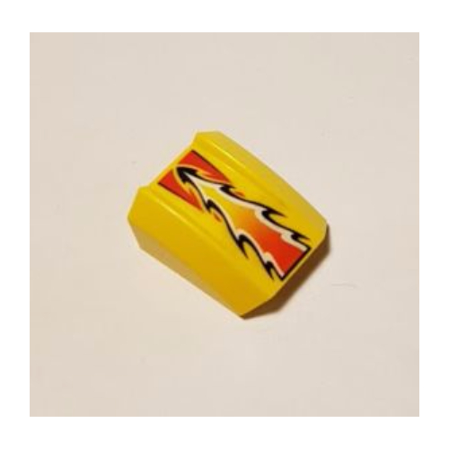 Lego Brick Curved 2 x 2 with Lip, No Studs with Red/White/Black Flame Print / Yellow