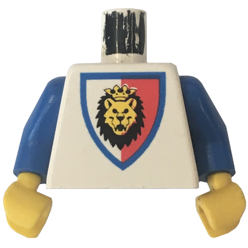 Lego Torso Lion Head on Red and White Shield Print, Blue Arms, Yellow Hands / White
