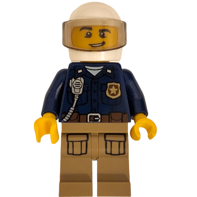Lego Policeman, Dark Blue Shirt with Radio and Badge, Dark Tan Legs, White Helmet with Visor