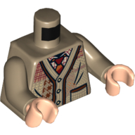 Lego Torso Sweater Cardigan with Pocket, Buttons, and Patches, and Dark Red Tie Print, Dark Tan Arms, Light Nougat Hands / Dark Tan