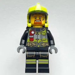 Firefighter, Black Fire Suit with Red Flashlight, Vibrant Yellow Helmet