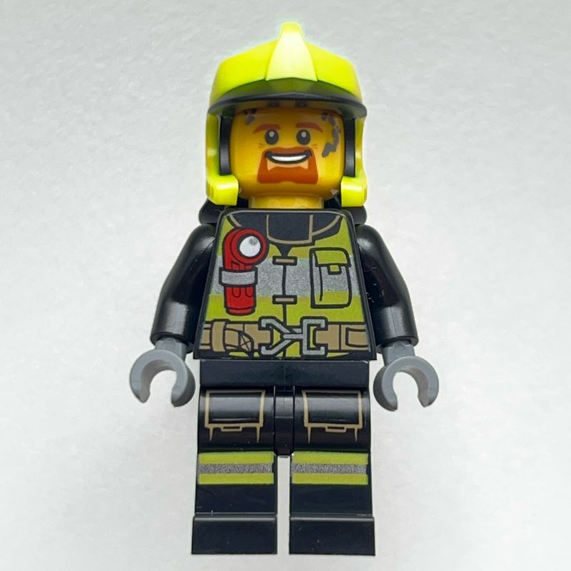 Lego Firefighter, Black Fire Suit with Red Flashlight, Vibrant Yellow Helmet