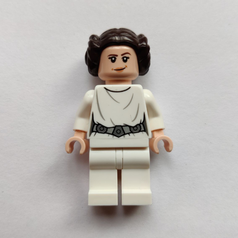 Lego Princess Leia, White Robe, Dark Brown Hair, Decorative Belt, Dual Sided Head Open Mouth / Smile