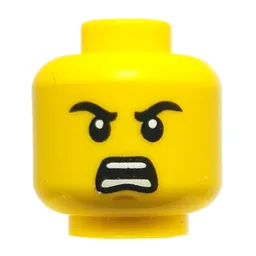Minifig Head Young Wu, Black Eyebrows, Lopsided Smile / Angry Scream / Yellow