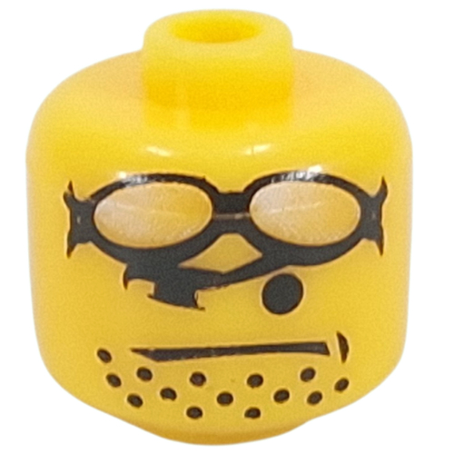Lego Pen Bead, Round Large, Curved Edges / Cylinder with Minifig Head with Black Glasses, Stubbles print / Yellow