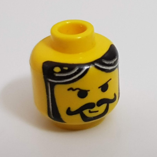 Lego Minifig Head Knight, Moustache Curly, Gray Streaks in Hair Print [Blocked Open Stud] / Yellow