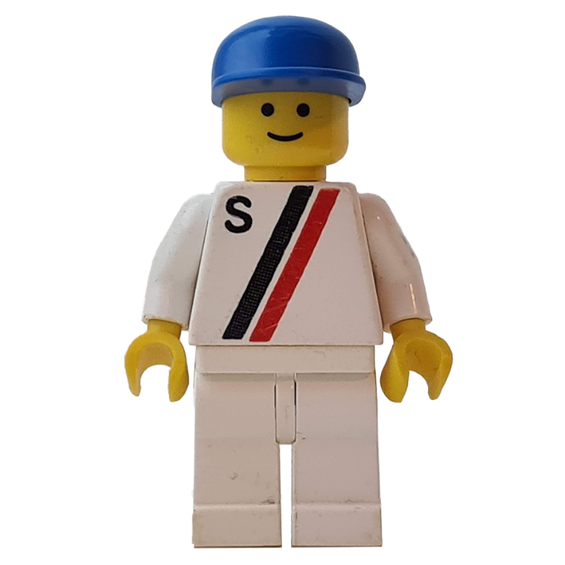 Lego Racer, White Shirt with Two Stripes and 'S', White Legs, Blue Cap