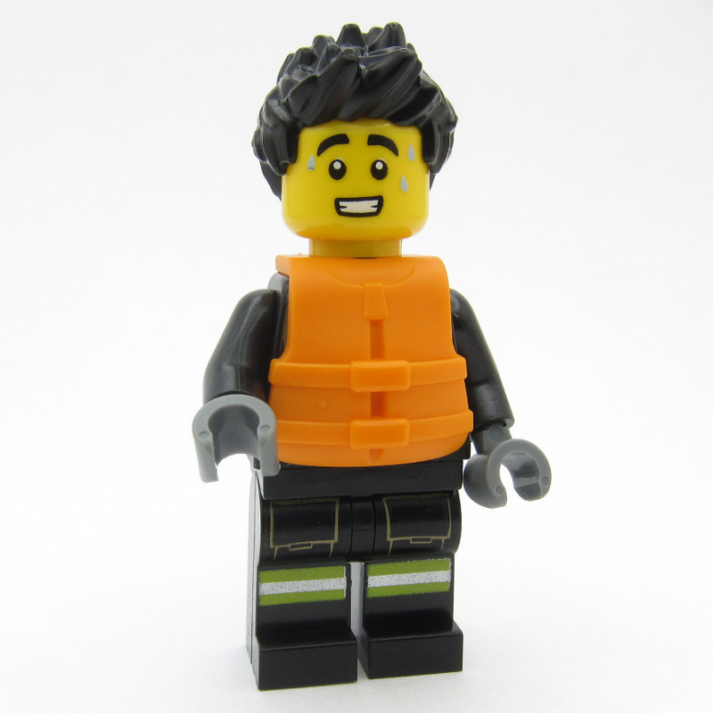 Lego Firefighter, Black Fire Suit, Orange Life Jacket, Black Hair